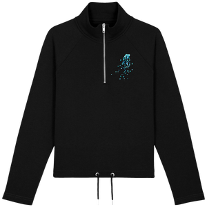 Sweat court col zippé doux et confortable noir motif turquoise Sweet Hills