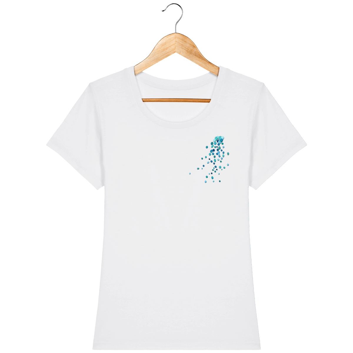 T-shirt blanc en coton bio coupe féminine confortable design turquoise