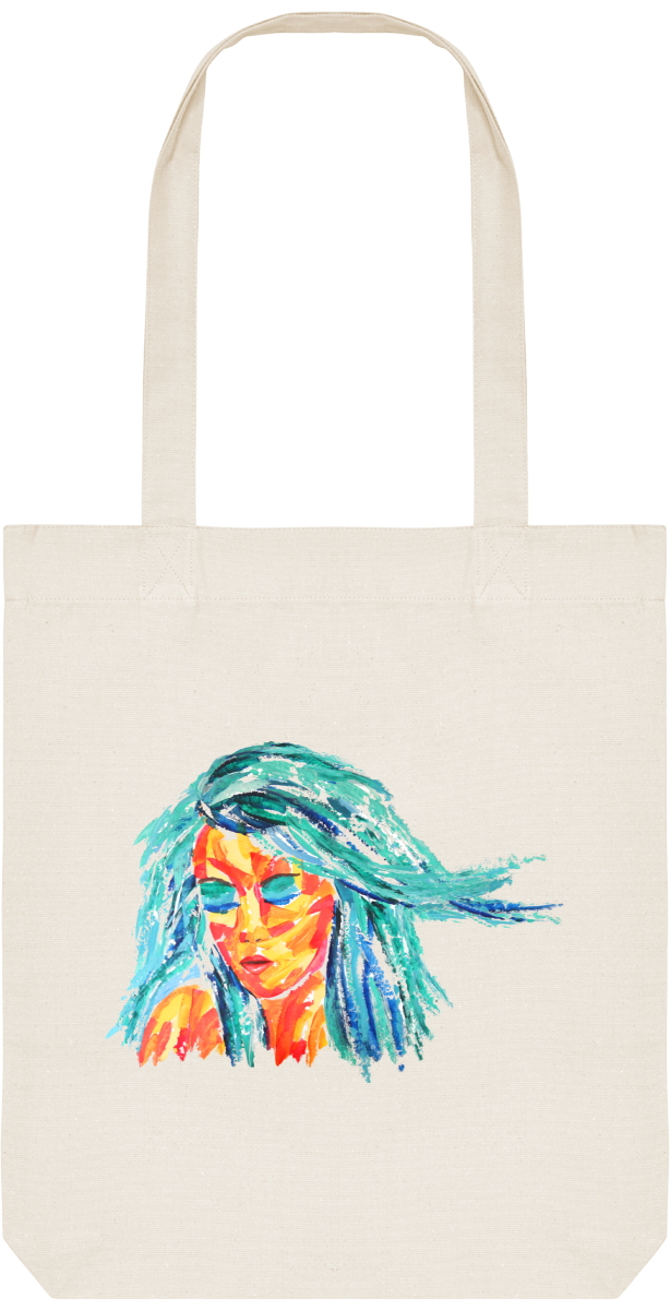 Tote bag écru - toile coton et polyester recyclés - motif visage de femme peint au couteau