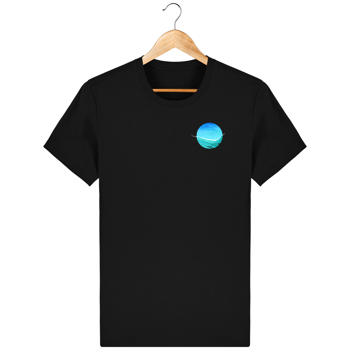 T-shirt noir en coton bio confortable - design turquoise