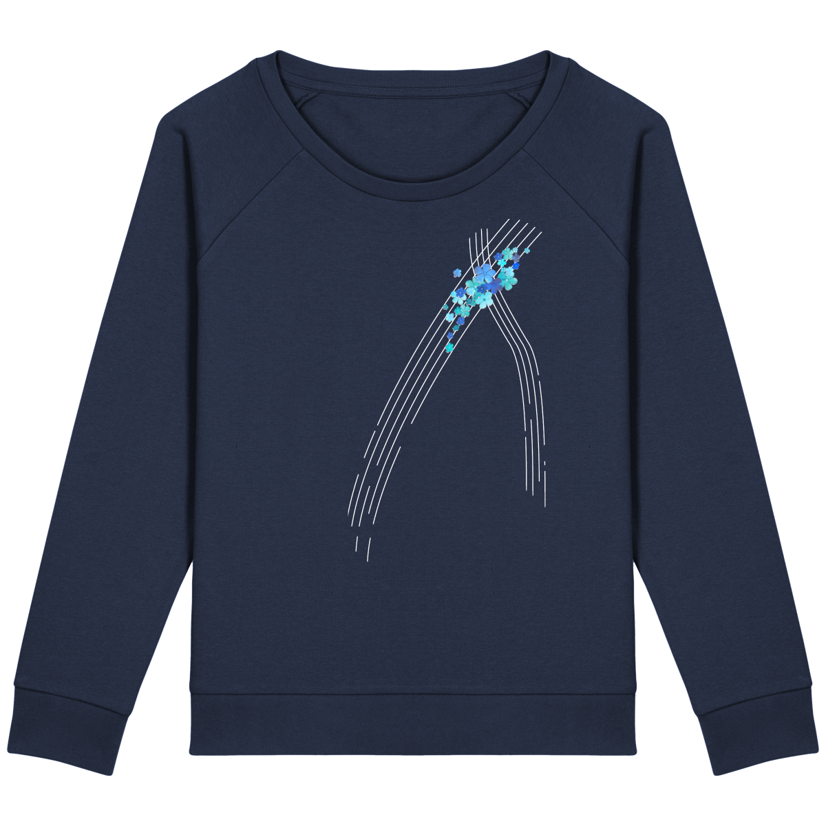 Sweat bleu manches raglan - coton bio et polyester recyclé - motif turquoise