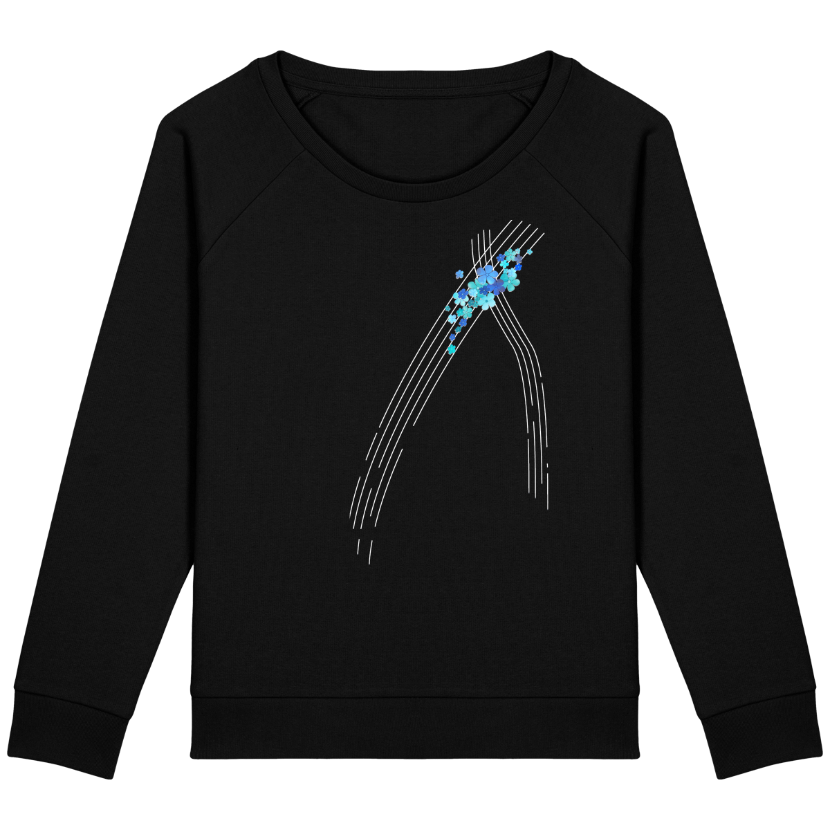 Sweat noir manches raglan - coton bio et polyester recyclé - motif turquoise