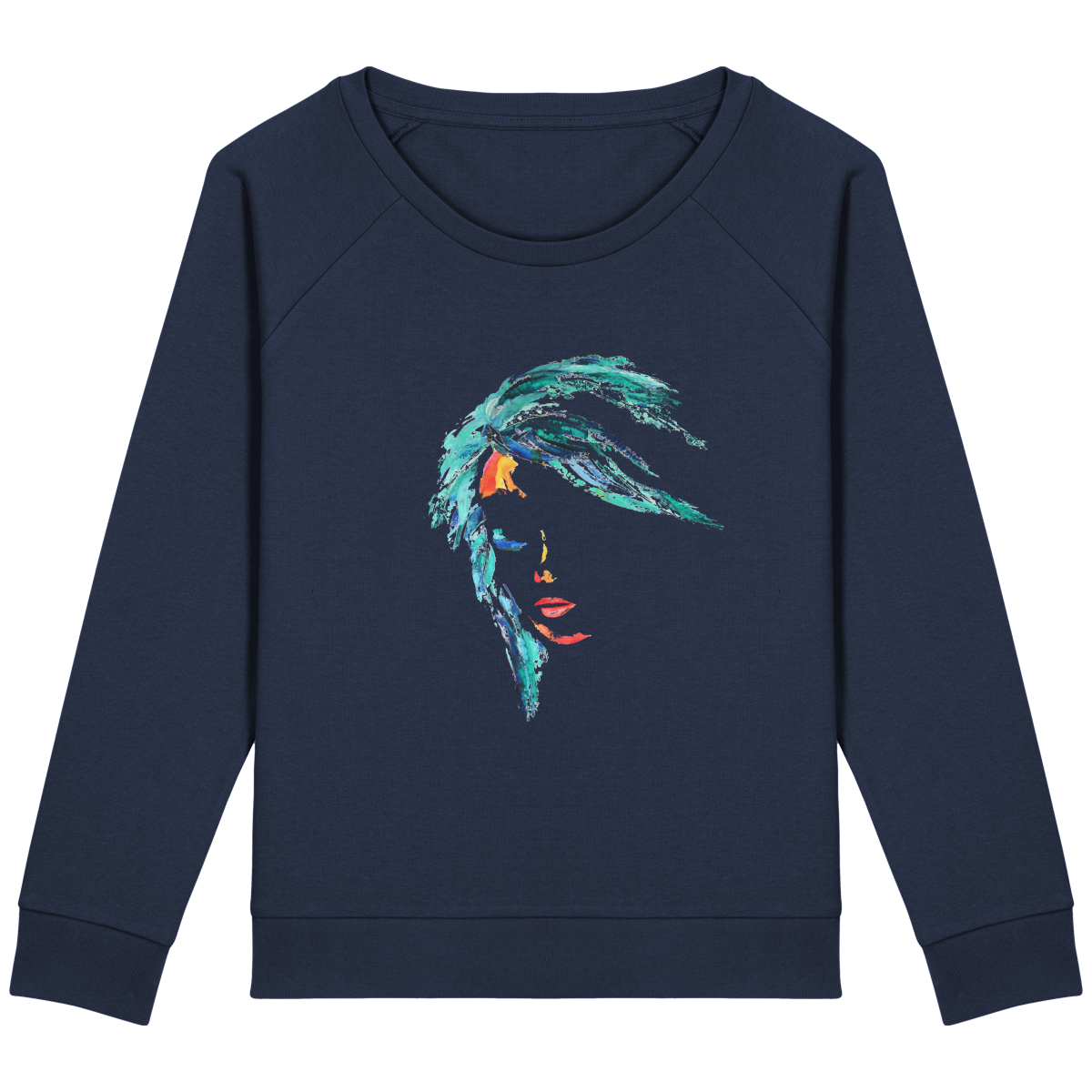 Sweat bleu marin manches raglan - coton bio et polyester recyclé - motif visage de femme peint au couteau