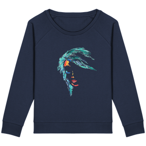 Sweat bleu marin manches raglan - coton bio et polyester recyclé - motif visage de femme peint au couteau