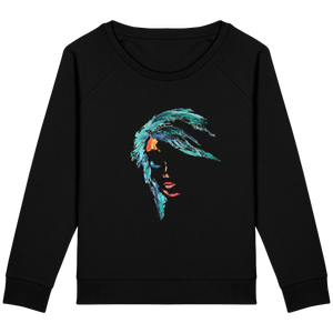 Sweat noir manches raglan - coton bio et polyester recyclé - motif visage de femme peint au couteau