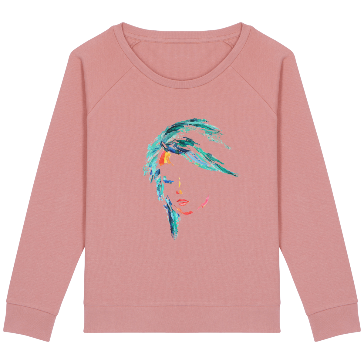 Sweat rose manches raglan - coton bio et polyester recyclé - motif visage de femme peint au couteau