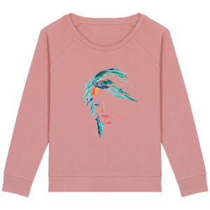 Sweat rose manches raglan - coton bio et polyester recyclé - motif visage de femme peint au couteau