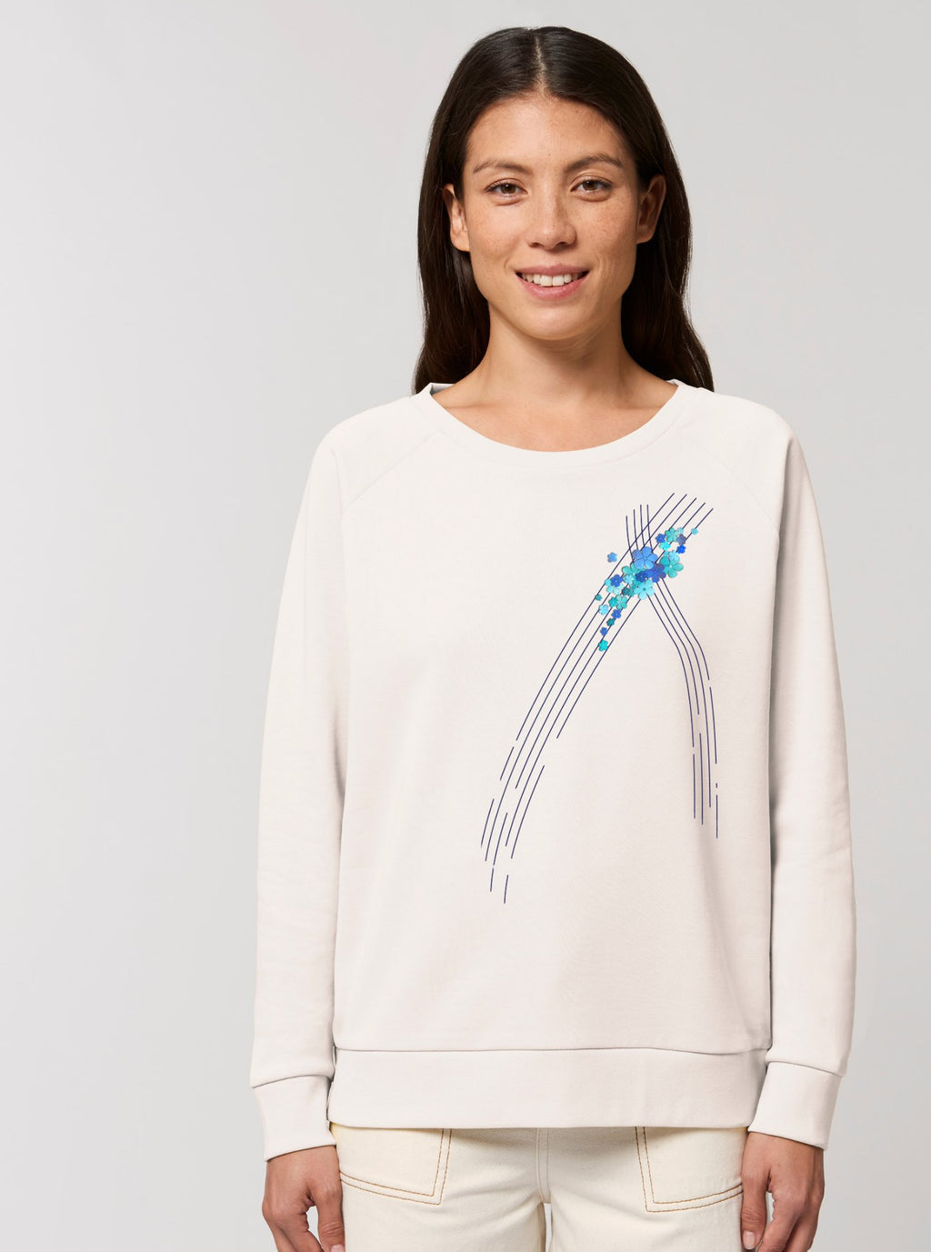 Sweat blanc manches raglan - coton bio et polyester recyclé - motif turquoise