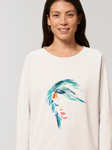 Sweat blanc manches raglan - coton bio et polyester recyclé - motif visage de femme peint au couteau