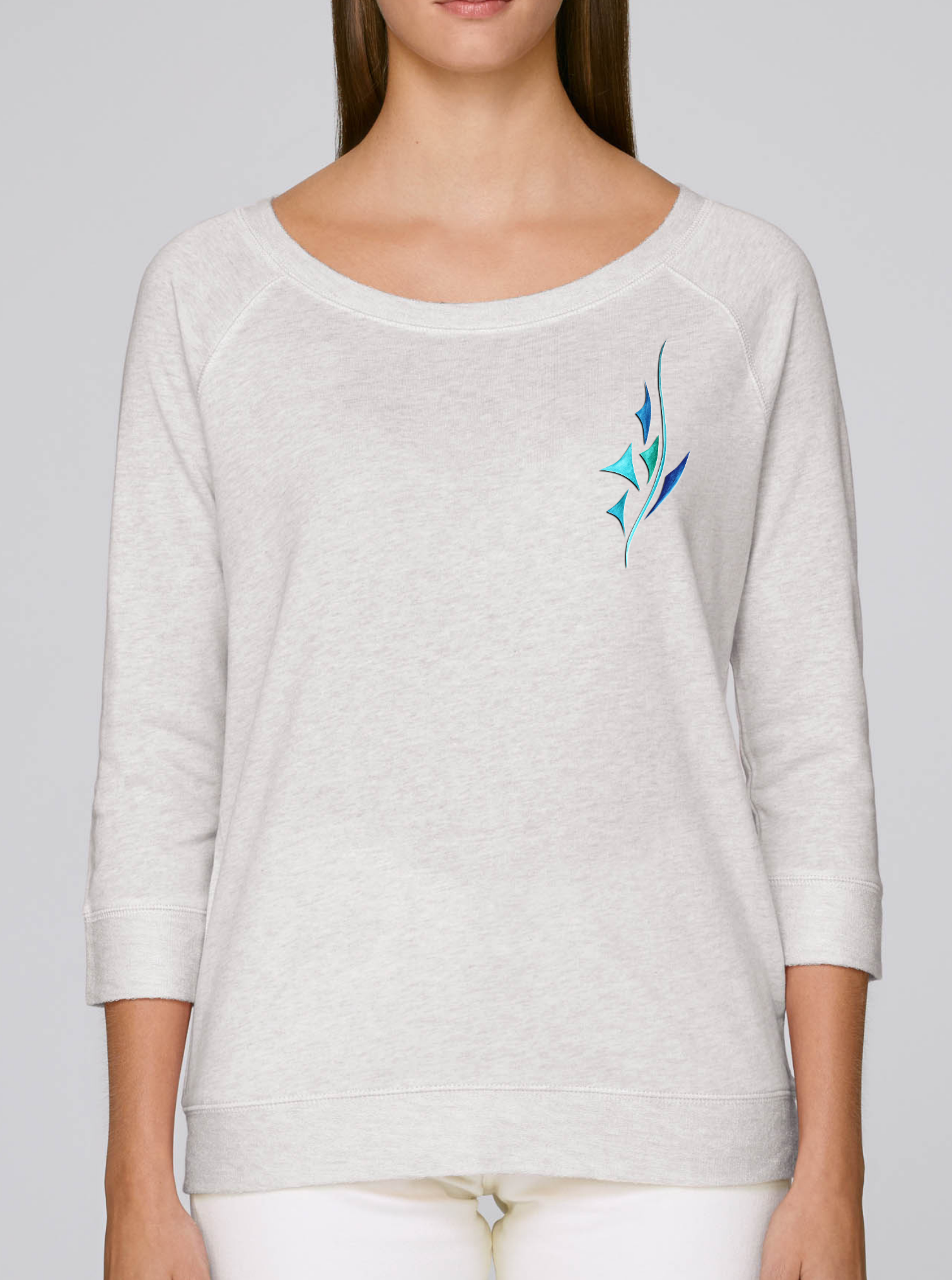 Sweat confortable manches 3/4 design personnel bleu et turquoise