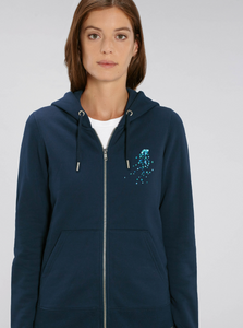 Sweat à capuche zippé confortable motif bleu et turquoise