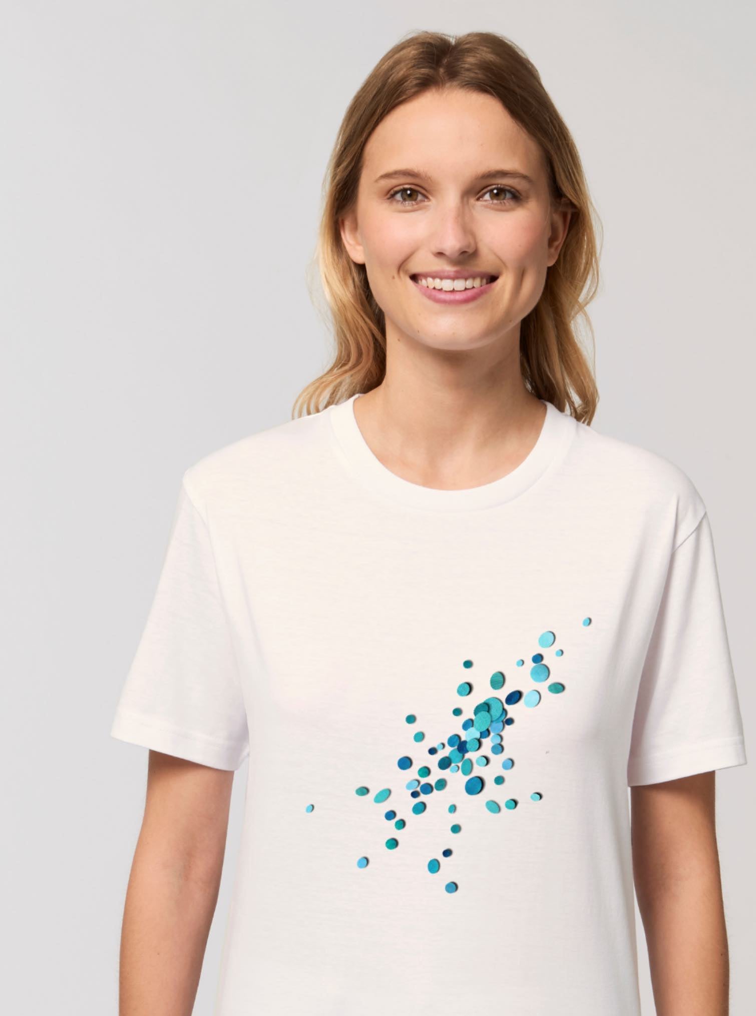 Tshirt blanc vintage en coton bio doux et confortable motif turquoise plein de peps