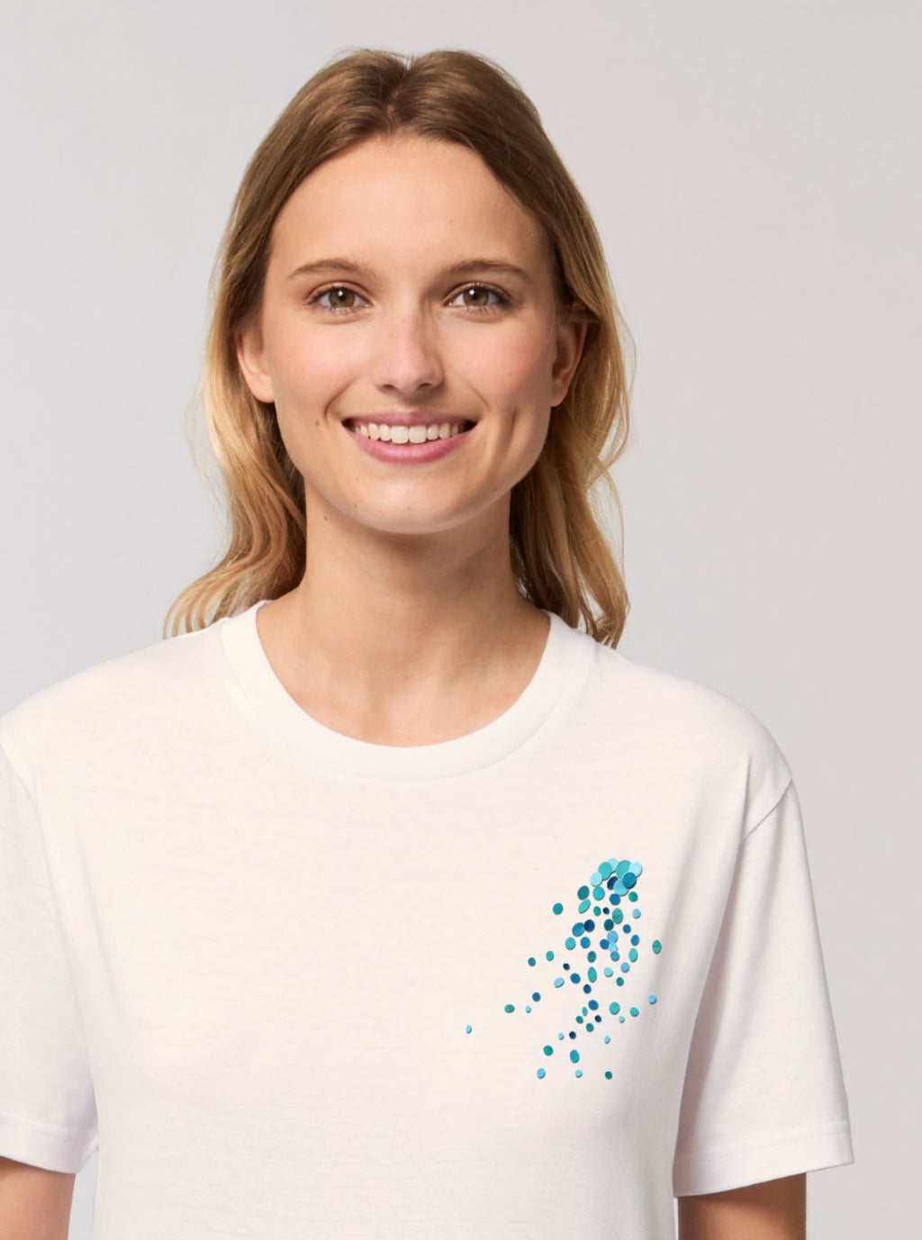 Tshirt blanc vintage en coton bio doux et confortable motif turquoise pep