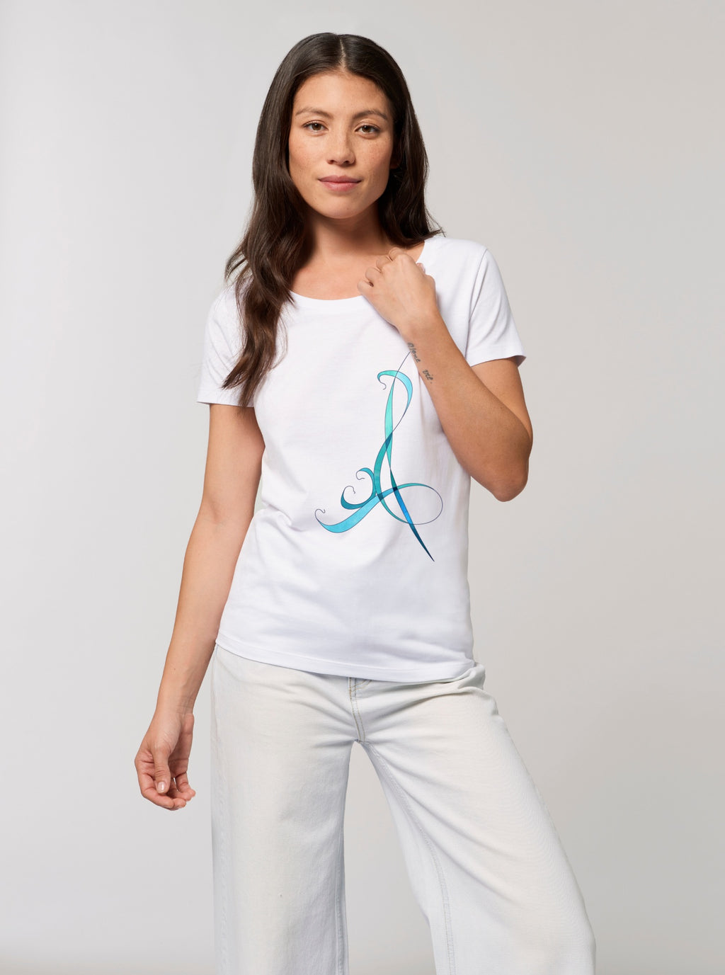 T-shirt blanc coton bio confortable design turquoise